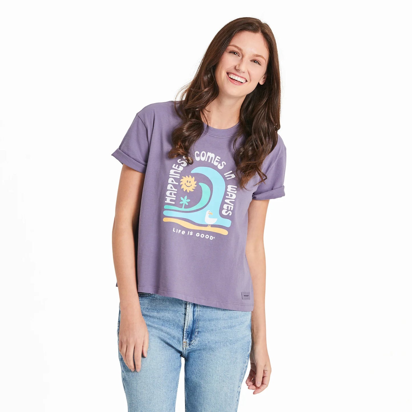 W SS BOXY CRUSHER-TEE GROOVY HAPPINESS COMES IN WAVES