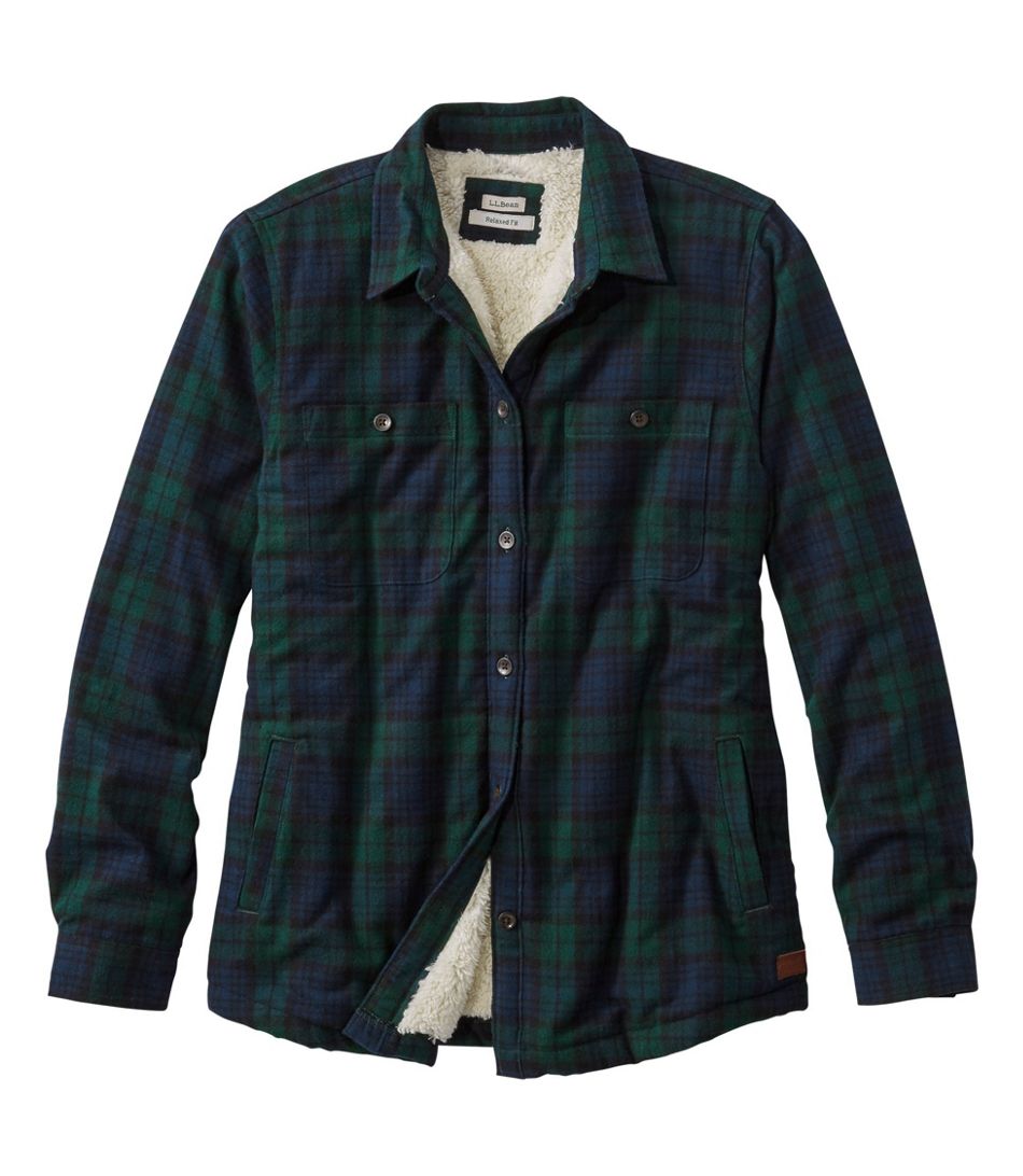 Ll Bean Womens Scotch Plaid Sherpa Lined Shirt Regular Black Watch