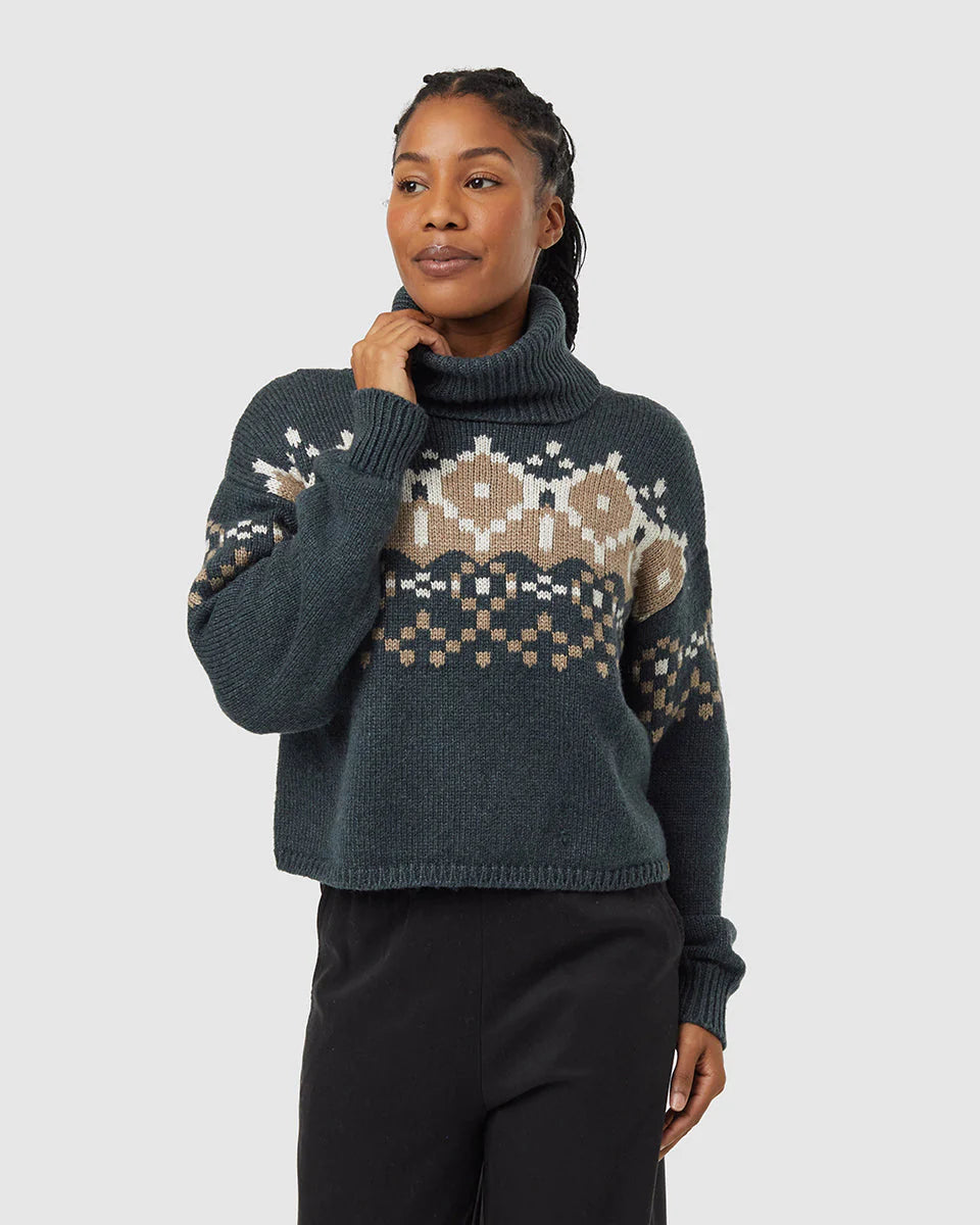 Tentree Women's Highline Intarsia Turtleneck Sweater Forest River Green Heather/Fossil Heather/Pale Oak Heather