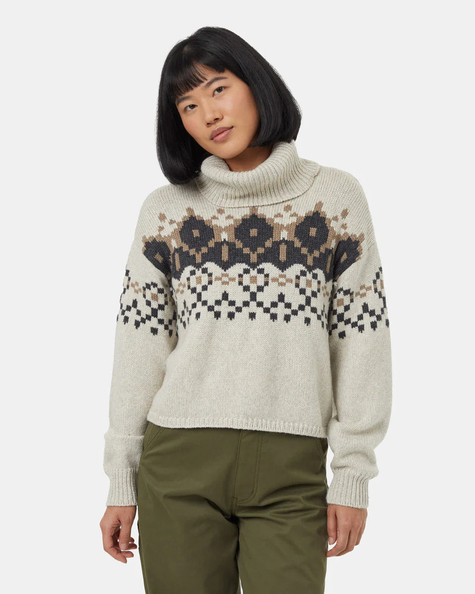 Tentree Women's Highline Intarsia Turtleneck Sweater Pale Oak Heather/Dark Grey Heather/Fossil Heather