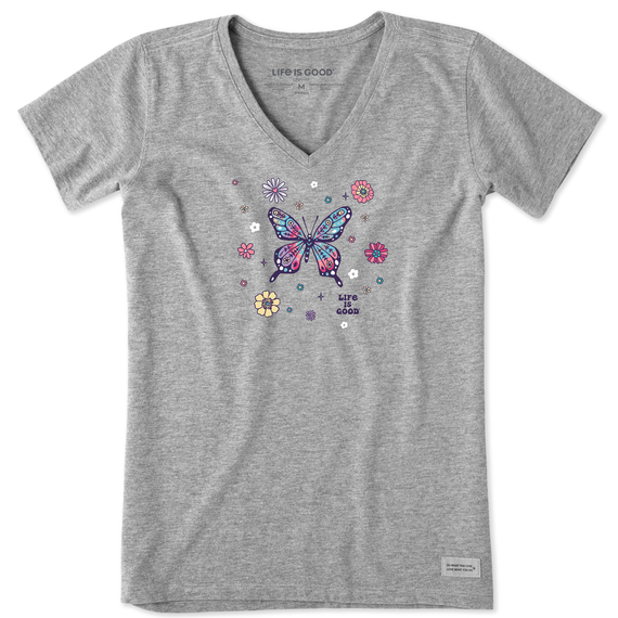 Life Is Good W Ss Crusher-lite Vee Tie Dye Retro Butterfly Flowers Heather Gray
