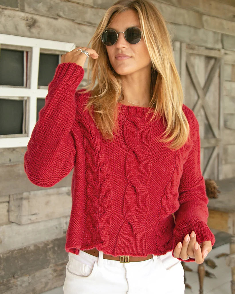 Wooden Ships Womens Aspen Cropped Cable Crew Chunky RED GINGER