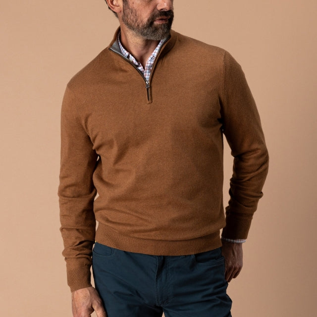 Duck Head Ridley Cotton Cashmere 1/4 Zip Sweater Dark Amber Heather