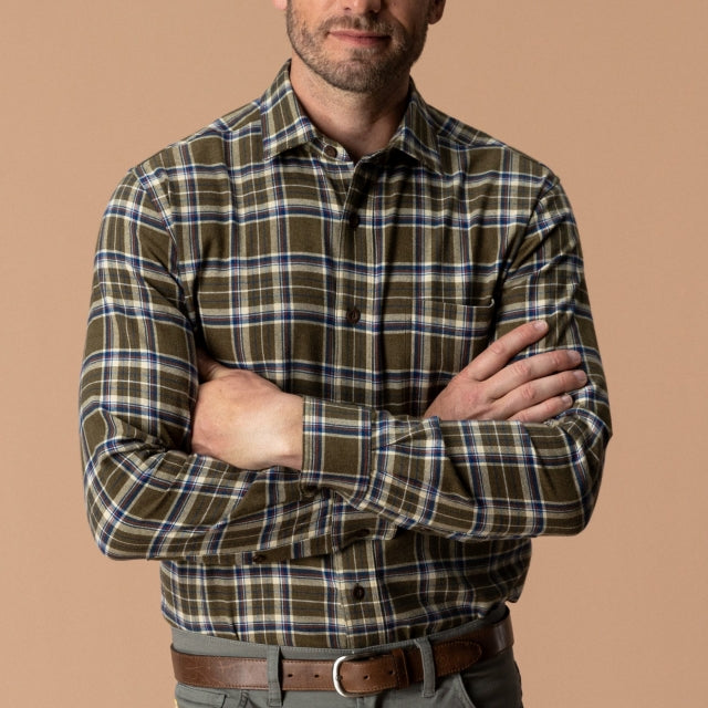 Duck Head Cotton Flannel Sport Shirt Iverson Plaid - Dark Olive