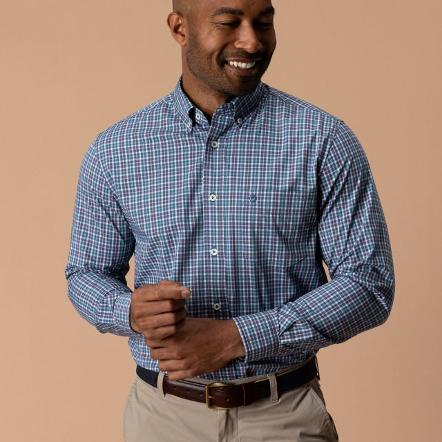 Duck Head Performance Poplin Sport Shirt Fraiser Plaid - Stormy Teal