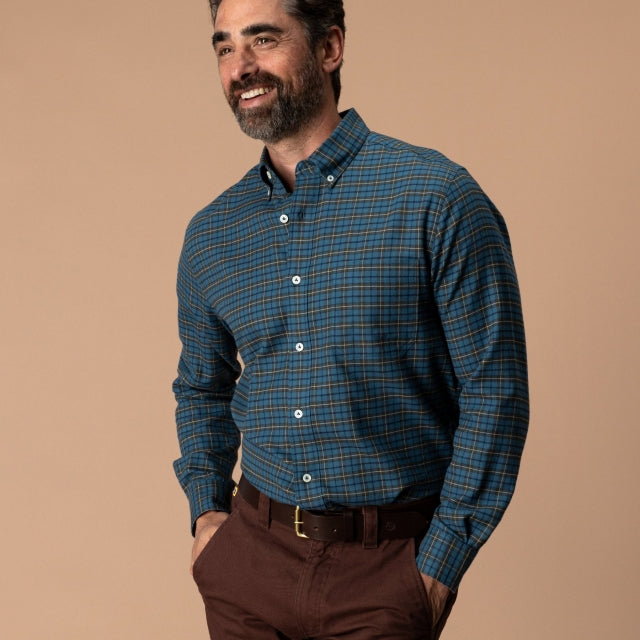 Duck Head Cotton Flannel Sport Shirt Wexler Plaid - Stormy Teal