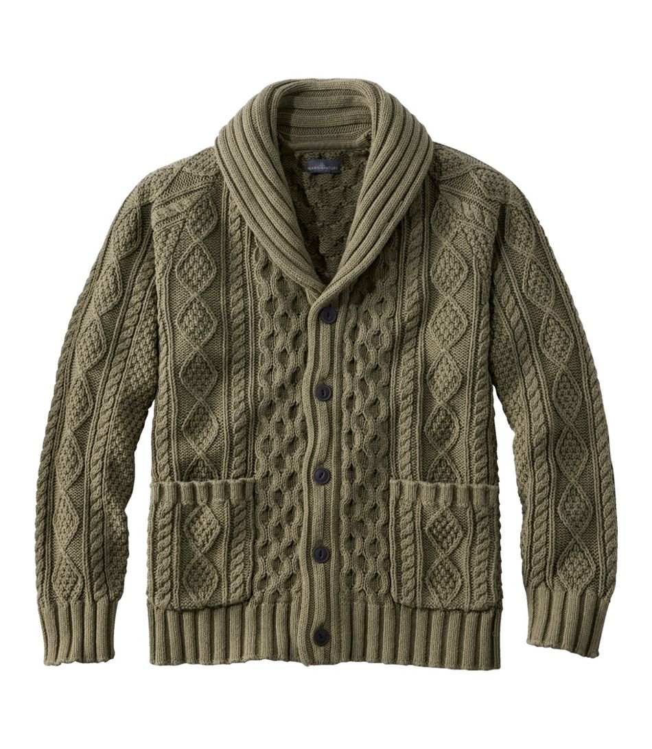 Ll Bean Mens Cotton Fisherman Sweater Shawl Collar Cardigan Regular