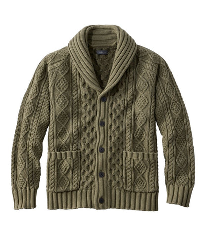 Ll Bean Mens Cotton Fisherman Sweater Shawl Collar Cardigan Regular Olive Gray