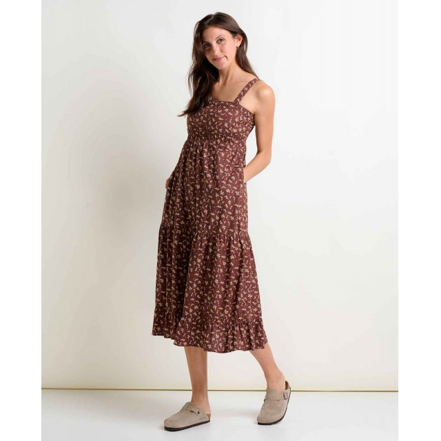 Toad&co Taj Hemp Tiered Midi Sl Dress Chestnut Floral Print