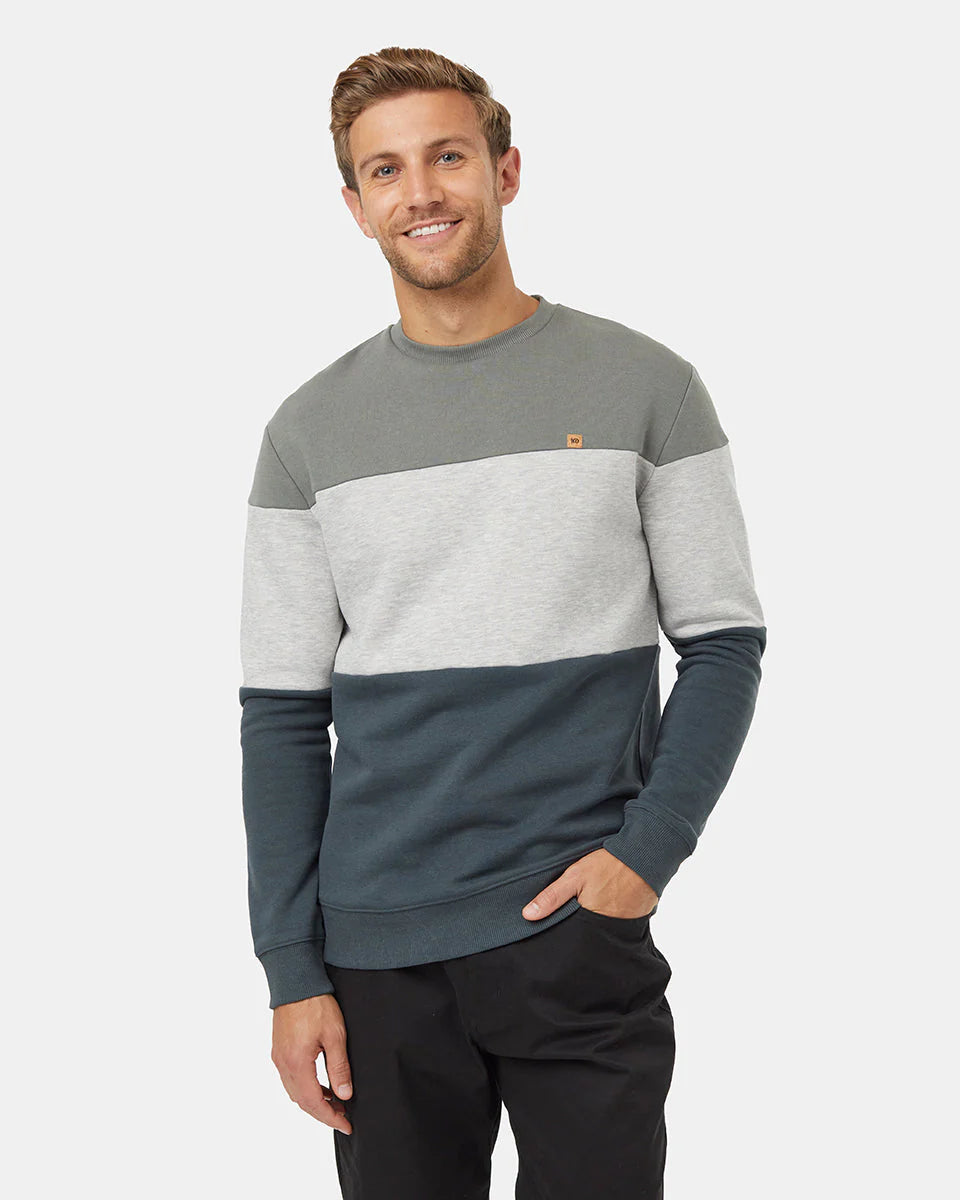 Tentree Mens Treefleece Blocked Classic Crew Mineral/Hi Rise Grey Heather/Forest River Green