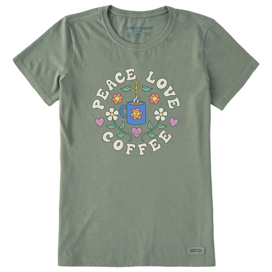 Life Is Good W Ss Crusher Tee Groovy Peace Love Coffee Moss Green